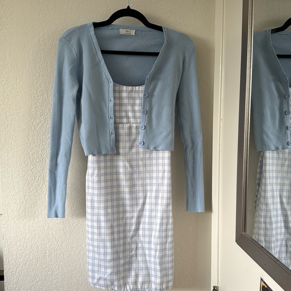 YesStyle Blue Dress and Cardigan Set (Dress Small | Cardigan One Size)